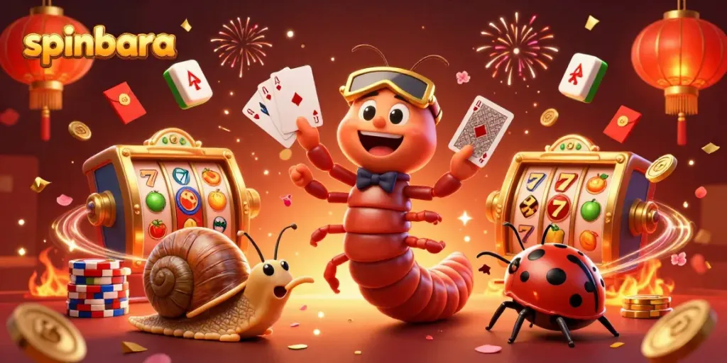 Engage in thrilling gameplay at Spinbara with a vibrant scene of a cartoon millipede dealer and high-roller snail.