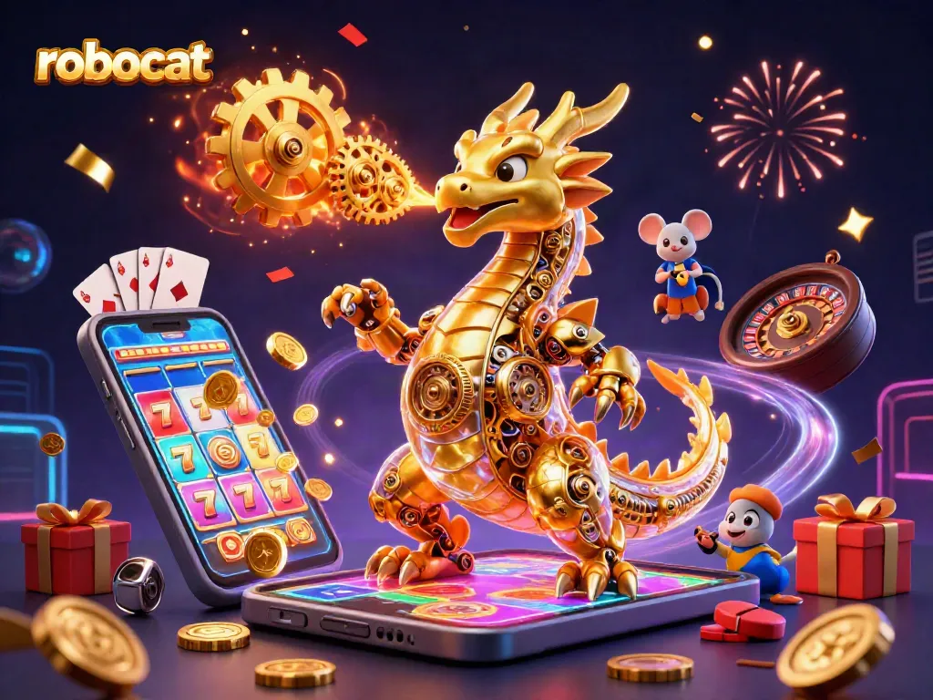 Experience thrills with robocat in a vibrant casino scene featuring dynamic games and celebrations.