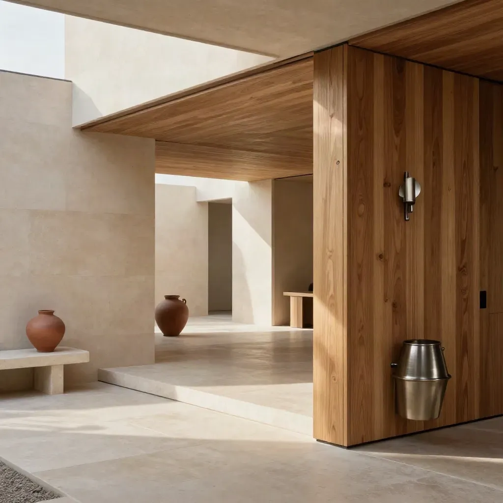 Interior de vivienda nueva con piedra clara, madera y luz cenital cálida.