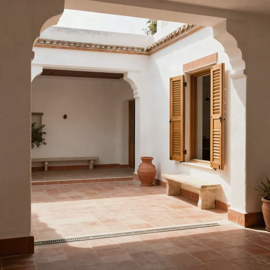 Patio terminado en Málaga con suelo de barro, muros encalados y luz cálida filtrada.