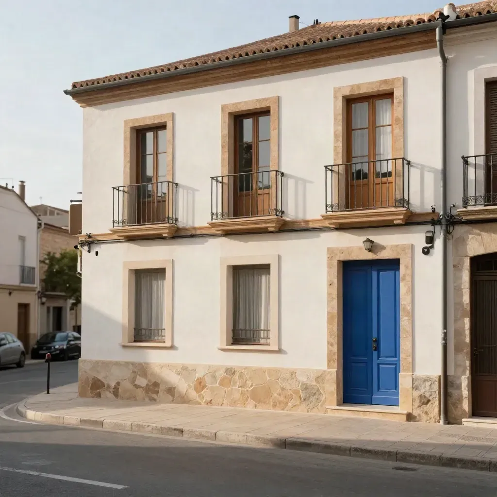 Fachada terminada de una casa rehabilitada, con carpinterías precisas y fachada limpia.