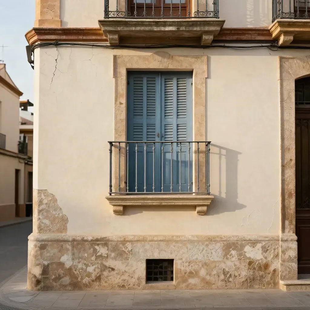 Fachada reparada en Valencia, grietas selladas y acabados uniformes con luz cálida de tarde.