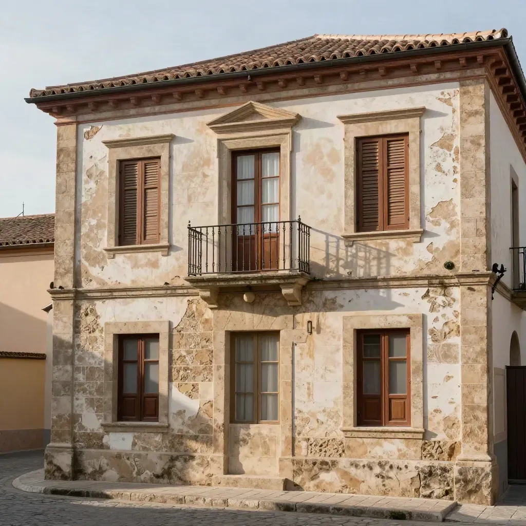 Fachada histórica restaurada en Toledo, con cal fina, balcones de hierro y piedra cálida.