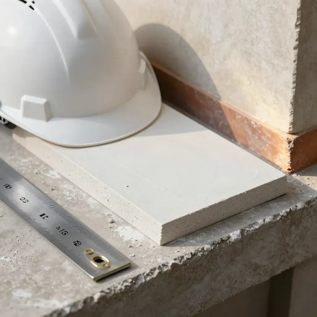 Casco blanco, revoco liso, regla de albañilería y canto de fachada en una obra.