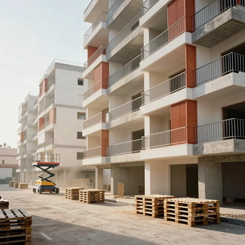 Bloque de viviendas en Sevilla con fachada revisada, balcones ordenados y polvo de obra al atardecer