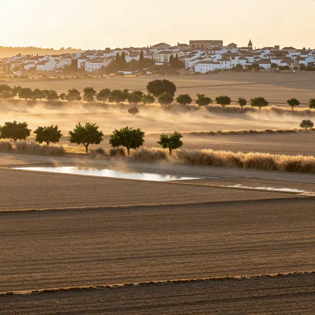 Huerta valenciana al atardecer con agua quieta, naranjos y silueta baja de piedra.