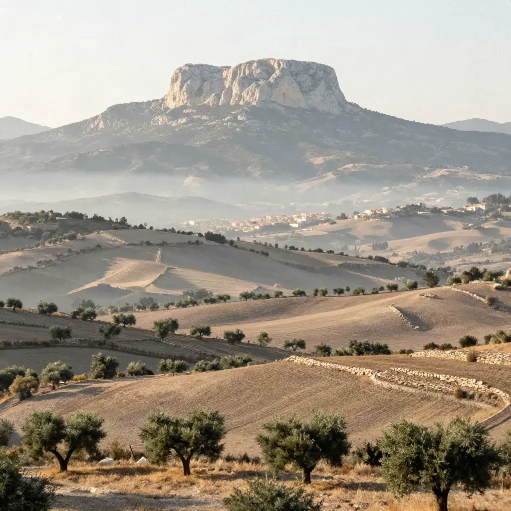 Panorama de Cataluña con montaña lejana, ciudad tenue y valle suave con niebla matinal.