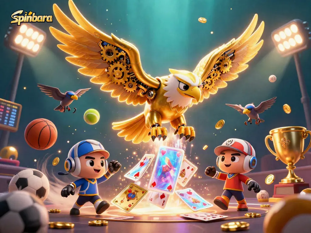 Spinbara casino highlights game dynamics with golden eagle and sports elements in vibrant action.
