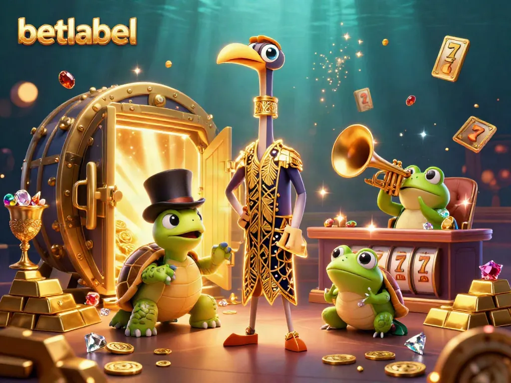 Experience thrilling wins at Betlabel Casino with lively 3D characters and slot elements in an engaging scene.